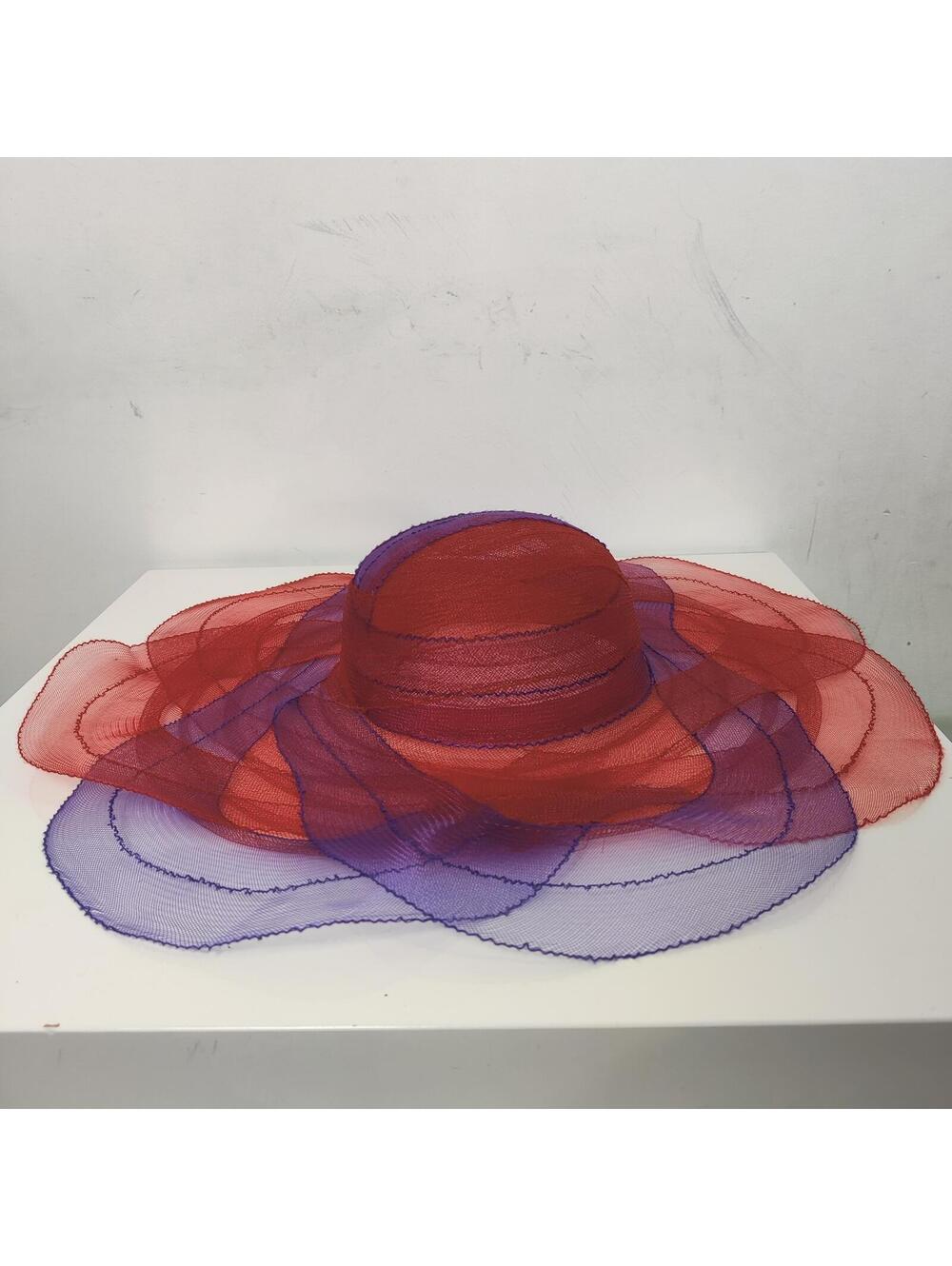 Red Purple Sheer Wide Brim Hat Layered Organza Derby